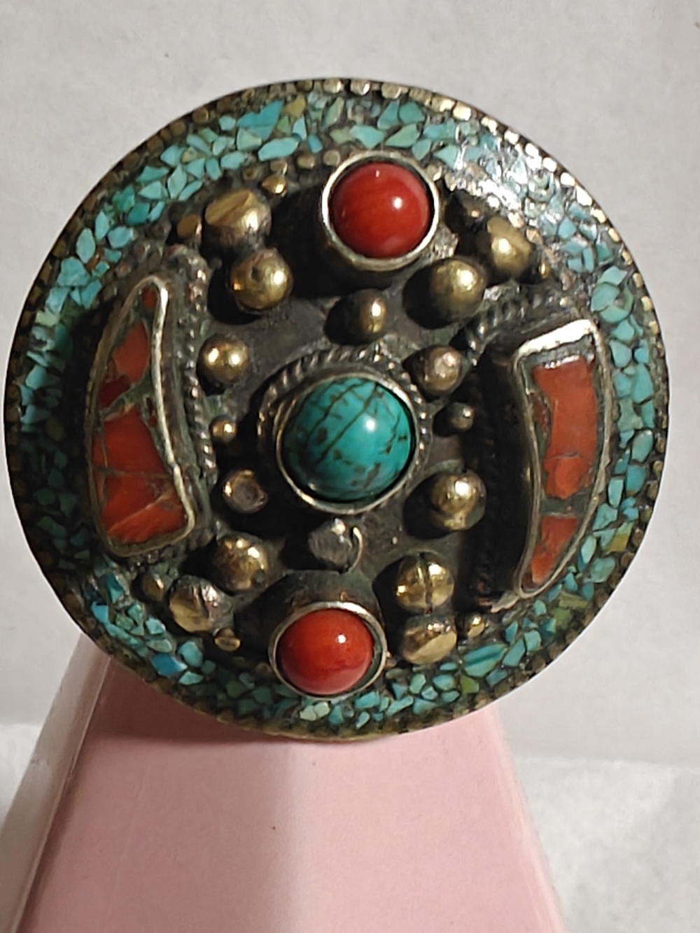 Vintage Tibetan Silver Turquoise and Coral Ring Size 10